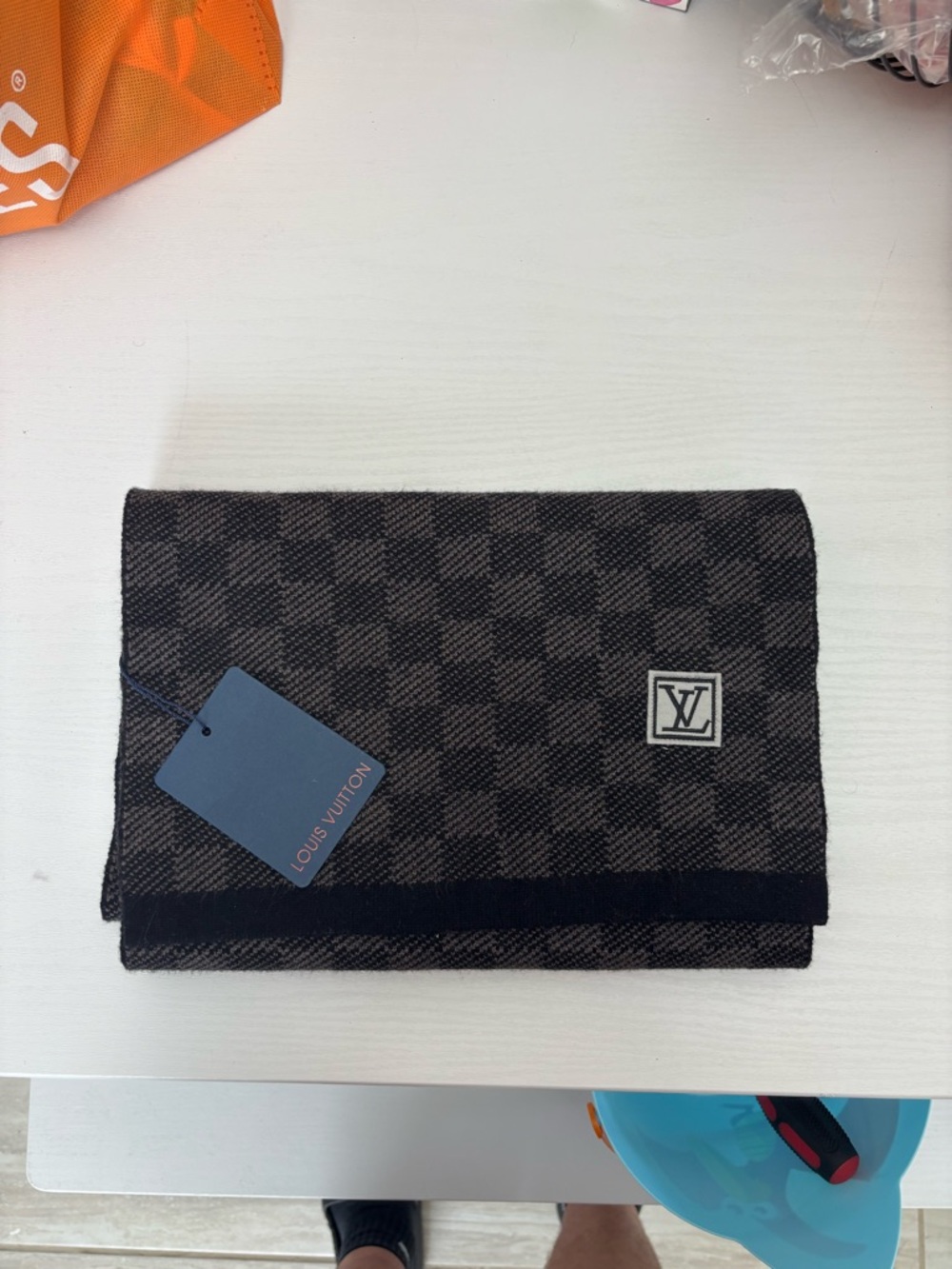 Louis Vuitton Dark Brown Checkered Men’s Scarf with LV Patch